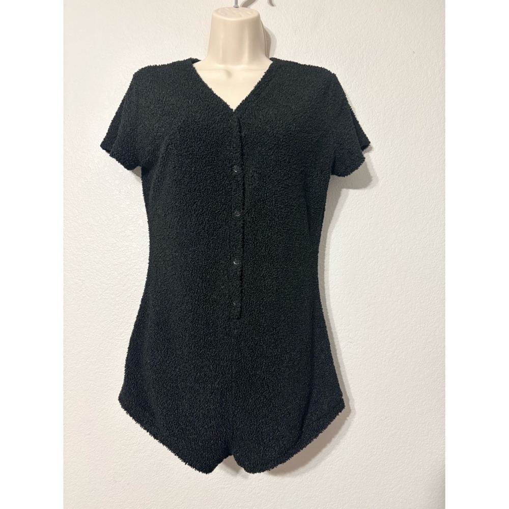 Roma Confidential Black Sherpa Textured Short Sleeve Button Front Romper Medium
